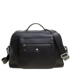 Versace Black Leather Duffle Bag For Men