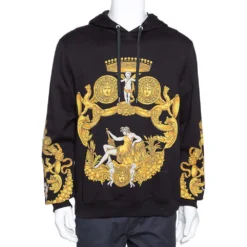 Versace Official Website 32 Versace Black & Yellow Baroque Print Cotton Hoodie XL For Men