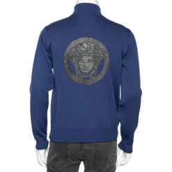 Versace Blue Wool & Leather Medusa Appliqued Zip Front Jacket S For Men -Versace Official Website luxury men versace new clothes p599735 001