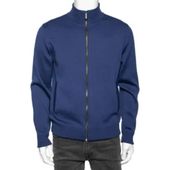 Versace Blue Wool & Leather Medusa Appliqued Zip Front Jacket S For Men