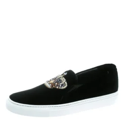 Versace Black Velvet Crystal Embellished Corona Slip On Sneakers Size 40 For Men