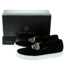 Versace Black Velvet Crystal Embellished Corona Slip On Sneakers Size 40 For Men -Versace Official Website luxury men versace new shoes p178644 008