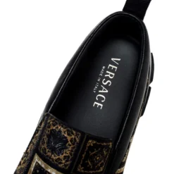 Versace Black/Gold Printed Satin And Leather Slip On Sneakers Size 45 For Men -Versace Official Website luxury men versace new shoes p248059 001