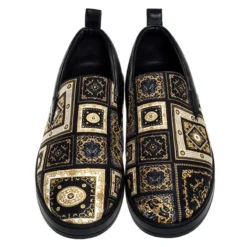 Versace Black/Gold Printed Satin And Leather Slip On Sneakers Size 45 For Men -Versace Official Website luxury men versace new shoes p248059 004