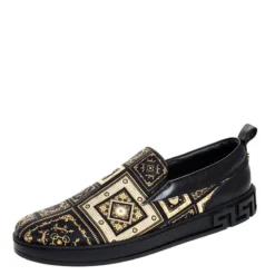 Versace Black/Gold Printed Satin And Leather Slip On Sneakers Size 45 For Men