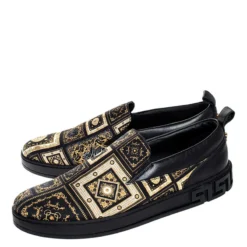Versace Black/Gold Printed Satin And Leather Slip On Sneakers Size 45 For Men -Versace Official Website luxury men versace new shoes p248059 007