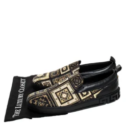 Versace Black/Gold Printed Satin And Leather Slip On Sneakers Size 45 For Men -Versace Official Website luxury men versace new shoes p248059 008