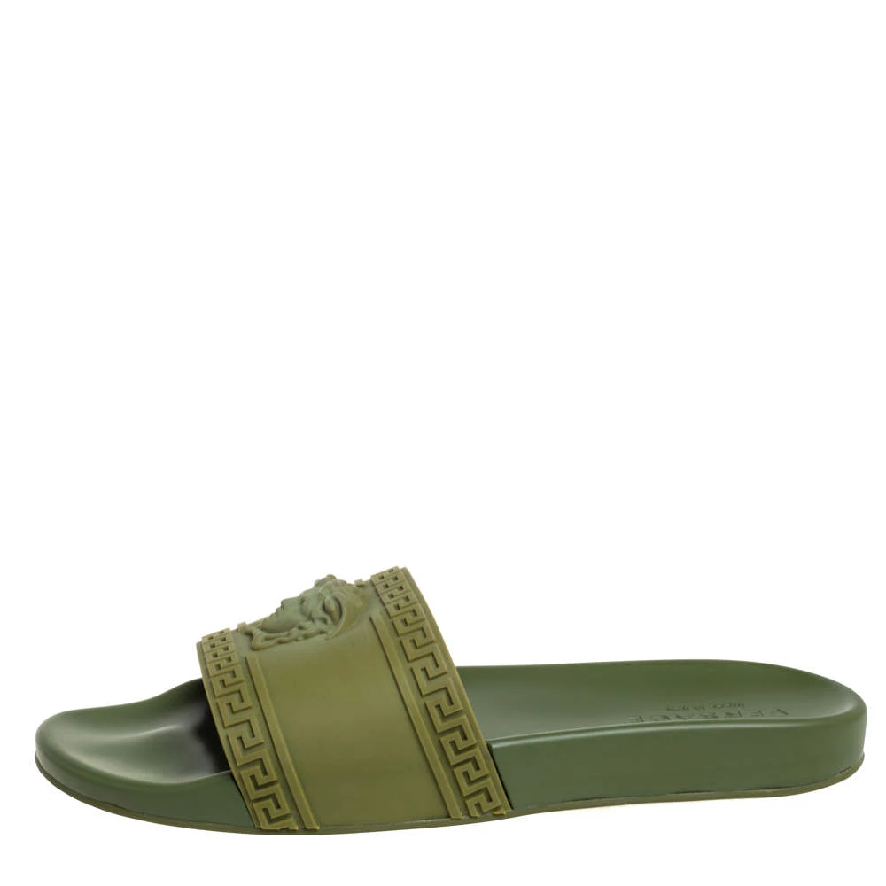 Versace Olive Green Rubber Medusa Slip On Sandal Size 45 For Men 2 Versace Olive Green Rubber Medusa Slip On Sandal Size 45 For Men - Image 2