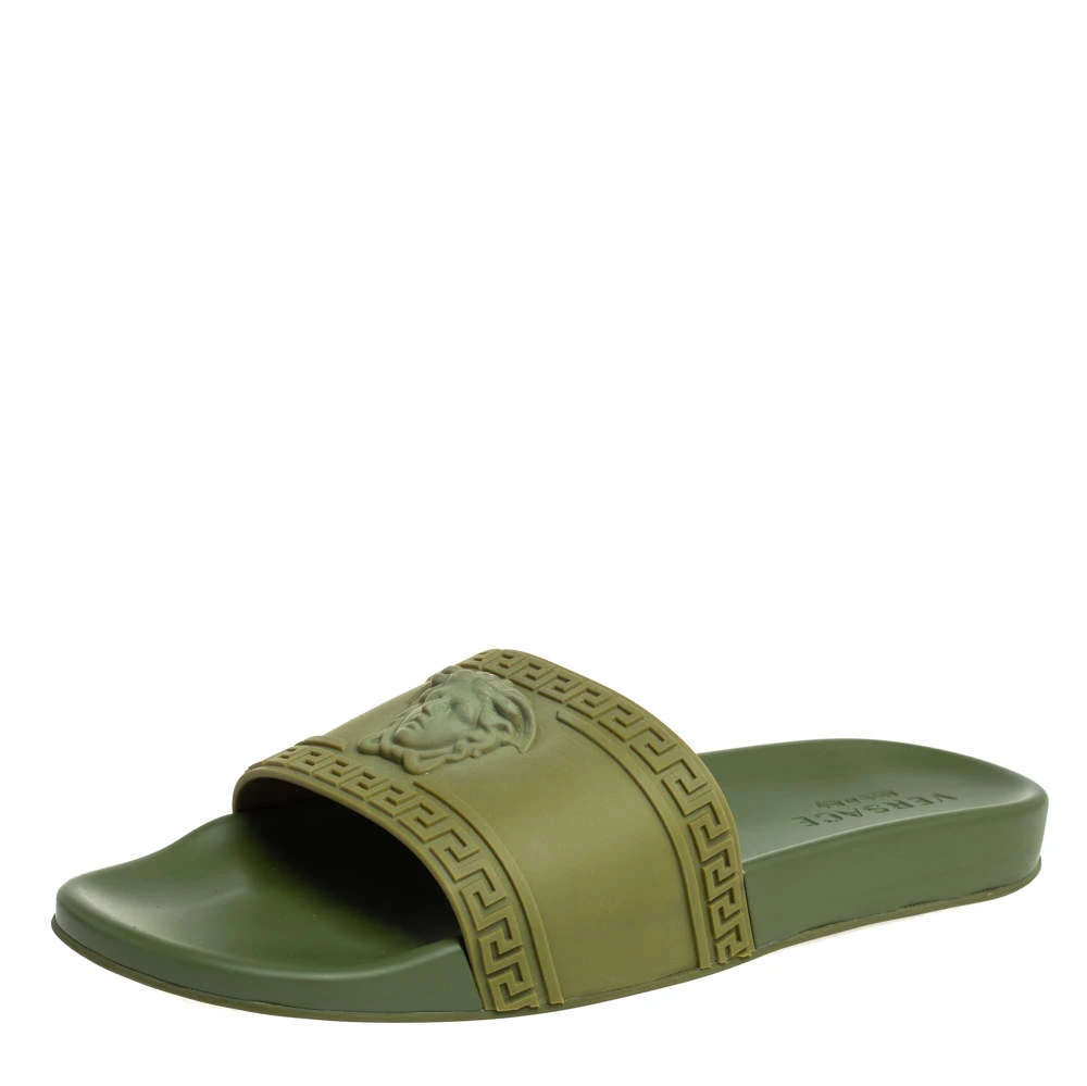 Versace Olive Green Rubber Medusa Slip On Sandal Size 45 For Men 1 Versace Olive Green Rubber Medusa Slip On Sandal Size 45 For Men