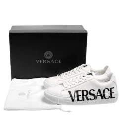 Versace White Leather Greca Logo Low Top Sneakers Size 42.5 For Men -Versace Official Website luxury men versace new shoes p533405 002