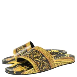 Versace Yellow/Black Baroque Print Rubber Flat Slides Size 41.5 For Men -Versace Official Website luxury men versace new shoes p578735 006