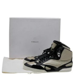 Versace Light Gold/Black Leather And Suede High Top Sneakers Size 45 For Men -Versace Official Website luxury men versace new shoes p603200 001