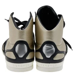 Versace Light Gold/Black Leather And Suede High Top Sneakers Size 45 For Men -Versace Official Website luxury men versace new shoes p603200 004
