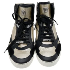 Versace Light Gold/Black Leather And Suede High Top Sneakers Size 45 For Men -Versace Official Website luxury men versace new shoes p603200 005
