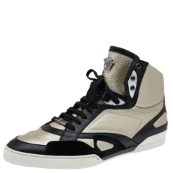 Versace Light Gold/Black Leather And Suede High Top Sneakers Size 45 For Men