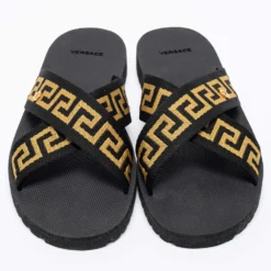 Versace Black/Gold Canvas Nastro Greca Cross Strap Sandals Size 41 For Men -Versace Official Website luxury men versace new shoes p679057 007