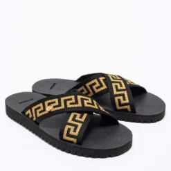 Versace Black/Gold Canvas Nastro Greca Cross Strap Sandals Size 41 For Men -Versace Official Website luxury men versace new shoes p679057 008