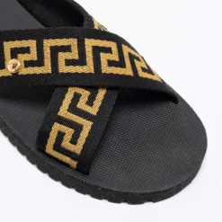 Versace Black/Gold Canvas Nastro Greca Cross Strap Sandals Size 41 For Men -Versace Official Website luxury men versace new shoes p679057 009