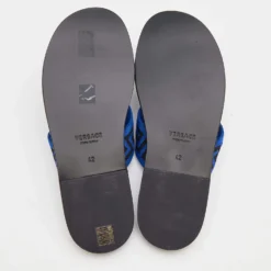 Versace Black/Blue Leather And Fabric Greca Flat Slide Sandals Size 42 For Men -Versace Official Website luxury men versace new shoes p690980 001