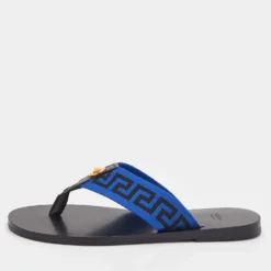 Versace Black/Blue Leather And Fabric Greca Flat Slide Sandals Size 42 For Men