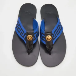 Versace Black/Blue Leather And Fabric Greca Flat Slide Sandals Size 42 For Men -Versace Official Website luxury men versace new shoes p690980 007