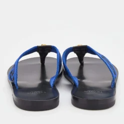 Versace Black/Blue Leather And Fabric Greca Flat Slide Sandals Size 42 For Men -Versace Official Website luxury men versace new shoes p690980 010