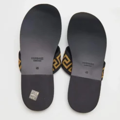 Versace Black/Yellow Leather And Fabric Greca Flat Slide Sandals Size 45 For Men -Versace Official Website luxury men versace new shoes p690985 001