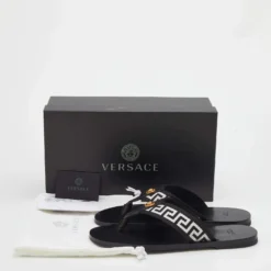 Versace Black/White Leather And Fabric Flat Slide Greca Sandals Size 43 For Men -Versace Official Website luxury men versace new shoes p690989 002