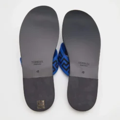 Versace Black/Blue Leather And Fabric Greca Flat Slide Sandals Size 45 For Men -Versace Official Website luxury men versace new shoes p690991 001