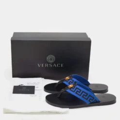 Versace Black/Blue Leather And Fabric Greca Flat Slide Sandals Size 45 For Men -Versace Official Website luxury men versace new shoes p690991 004