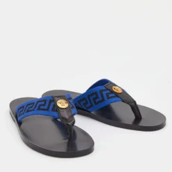 Versace Black/Blue Leather And Fabric Greca Flat Slide Sandals Size 45 For Men -Versace Official Website luxury men versace new shoes p690991 008