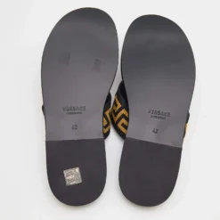 Versace Black/Yellow Leather And Fabric Greca Flat Slide Sandals Size 42 For Men -Versace Official Website luxury men versace new shoes p690993 001