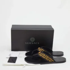 Versace Black/Yellow Leather And Fabric Greca Flat Slide Sandals Size 42 For Men -Versace Official Website luxury men versace new shoes p690993 004