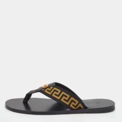 Versace Black/Yellow Leather And Fabric Greca Flat Slide Sandals Size 42 For Men