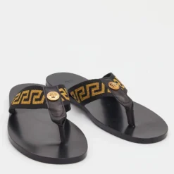 Versace Black/Yellow Leather And Fabric Greca Flat Slide Sandals Size 42 For Men -Versace Official Website luxury men versace new shoes p690993 008
