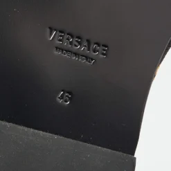 Versace Black/Yellow Leather And Fabric Greca Flat Slide Sandals Size 46 For Men -Versace Official Website luxury men versace new shoes p690995 002