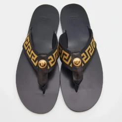 Versace Black/Yellow Leather And Fabric Greca Flat Slide Sandals Size 46 For Men -Versace Official Website luxury men versace new shoes p690995 006