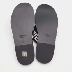 Versace Black/White Leather And Fabric Greca Flat Slide Sandals Size 41 For Men -Versace Official Website luxury men versace new shoes p690999 001