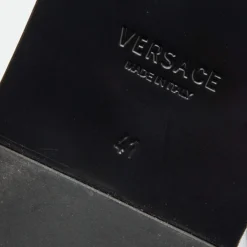 Versace Black/White Leather And Fabric Greca Flat Slide Sandals Size 41 For Men -Versace Official Website luxury men versace new shoes p690999 002