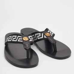 Versace Black/White Leather And Fabric Greca Flat Slide Sandals Size 41 For Men -Versace Official Website luxury men versace new shoes p690999 008