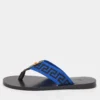 Versace Black/Blue Leather And Fabric Greca Flat Slide Sandals Size 43 For Men