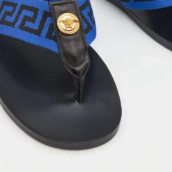 Versace Black/Blue Leather And Fabric Greca Flat Slide Sandals Size 43 For Men -Versace Official Website luxury men versace new shoes p691068 009