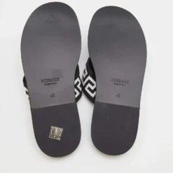 Versace Black/White Leather And Fabric Greca Flat Slide Sandals Size 40 For Men -Versace Official Website luxury men versace new shoes p691069 001