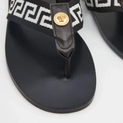 Versace Black/White Leather And Fabric Greca Flat Slide Sandals Size 40 For Men -Versace Official Website luxury men versace new shoes p691069 008