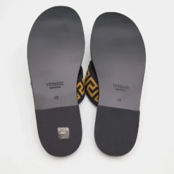 Versace Black/Yellow Leather And Fabric Greca Flat Slide Sandals Size 43 For Men -Versace Official Website luxury men versace new shoes p691070 001