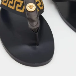 Versace Black/Yellow Leather And Fabric Greca Flat Slide Sandals Size 43 For Men -Versace Official Website luxury men versace new shoes p691070 009