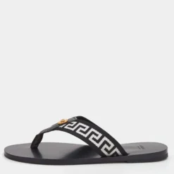 Versace Black/White Leather And Fabric Greca Flat Slide Sandals Size 44 For Men