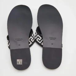 Versace Black/White Leather And Fabric Greca Flat Slide Sandals Size 44 For Men -Versace Official Website luxury men versace new shoes p691076 008