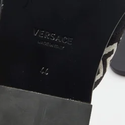 Versace Black/White Leather And Fabric Greca Flat Slide Sandals Size 44 For Men -Versace Official Website luxury men versace new shoes p691076 009