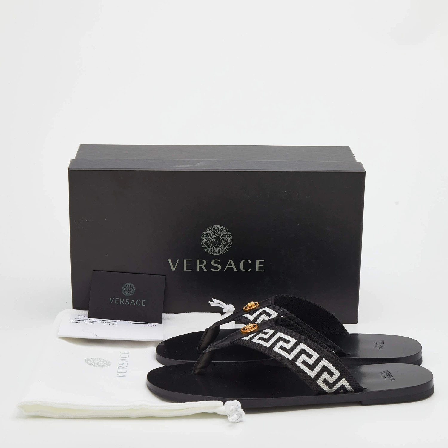 Versace Black/White Leather And Fabric Greca Flat Slide Sandals Size 45 For Men 9 Versace Black/White Leather And Fabric Greca Flat Slide Sandals Size 45 For Men - Image 9
